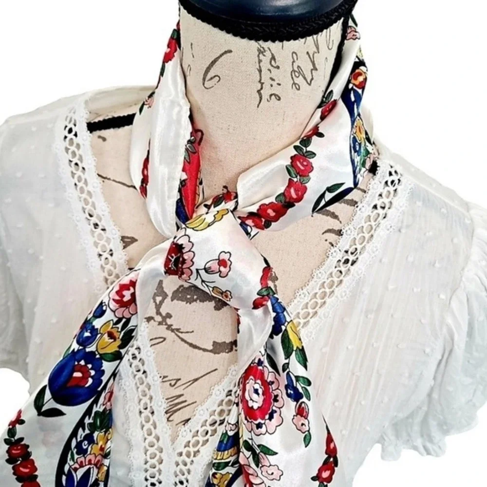 Satin Square Floral Scarf oversized Paisley white Boho hair neck 💖2/$30